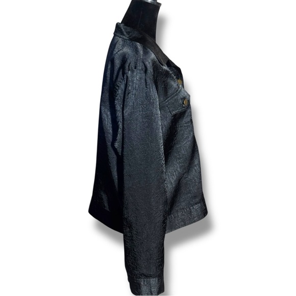 Spenser Jeremy Black Satin Long Sleeve Gold Buttons Collared Simple Chic Shirt - Picture 4 of 15